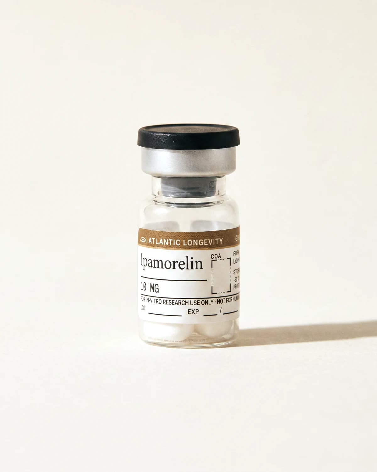 Ipamorelin vial with Atlantic Longevity batch label, lot and expiry write-in fields, on bone paper
